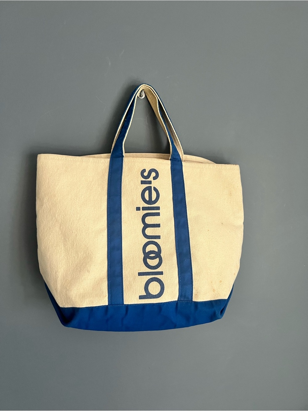 Vintage BLOOMIE'S Mini Bloomingdale's Cream Blue Canvas Tote Bag 11" x 16"